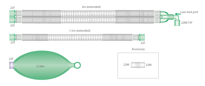 Sistema respiratório extensível Compact de 22 mm com balão de 2 L e tubo articulado de 1,5 m, 2,0 m