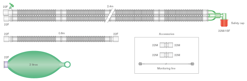 Sistema respiratório Flextube de 22 mm com balão de 2L, linha de monitorização integrada e troço  ≥2.4m