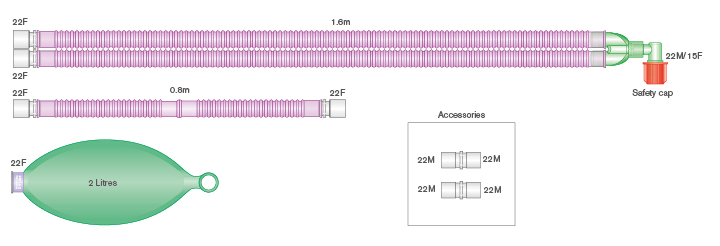 Sistema respiratório Flextube com antimicrobiano Silver Knight™ de 22 mm com balão de 2 L e tubo articulado de 0,8 m, 1,6 m 