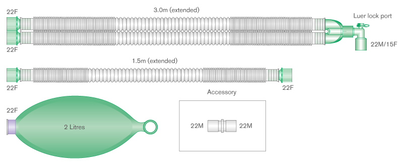 Sistema respiratório extensível Compact de 22 mm com balão de 2 L e tubo articulado de 1,5 m, 3,0 m