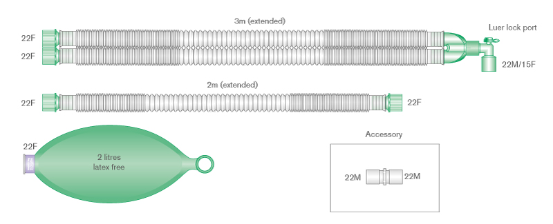Sistema respiratório extensível Compact de 22 mm com balão de 2 L e tubo articulado de 2,0 m, 3,0 m