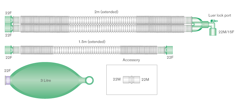 Sistema respiratório extensível Compact de 22 mm com balão de 3 L e tubo articulado de 1,5 m, 2,0 m
