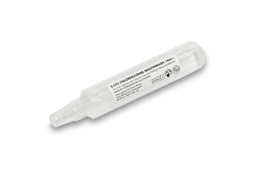 Ampola de colutório OroCare™ com cloro-hexidina a 0,12 % - 14 ml para uso com a escova de dentes OroCare Select
