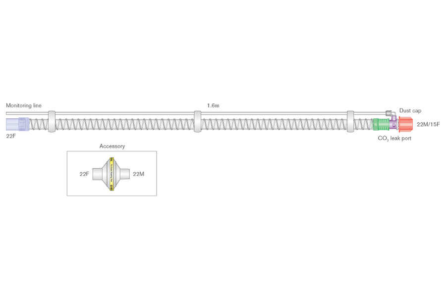 22mm Smoothbore bilevel breathing system with monitoring line, swivel CO₂ leak port and Flo-Guard™ filter. ≥ 1.8m
