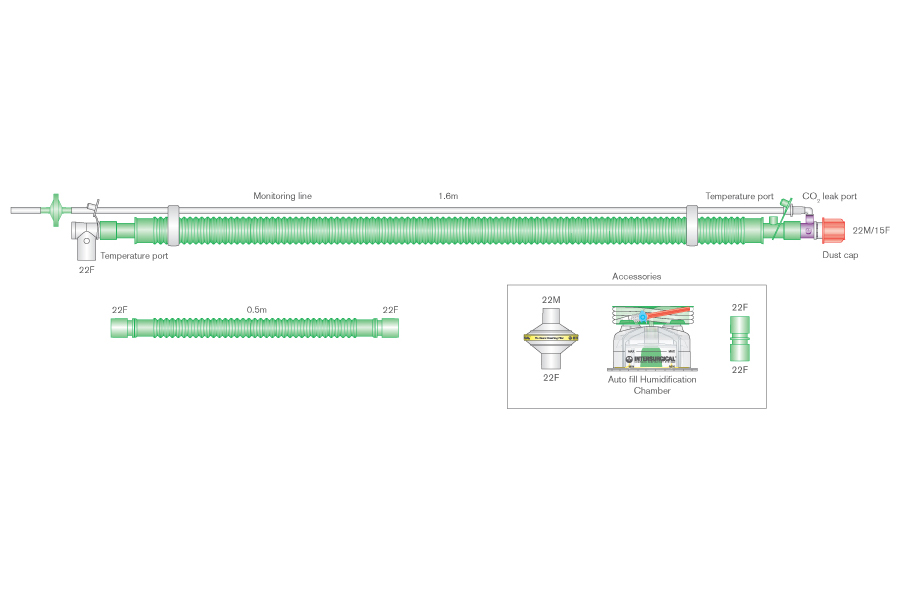 Sistema respiratório binível Flextube de 30 mm com fio aquecido para adulto, com conetor de doente rotativo, porta de fuga de CO2, câmara de enchimento automático e tubo articulado de 0,5 m, 1,6 m