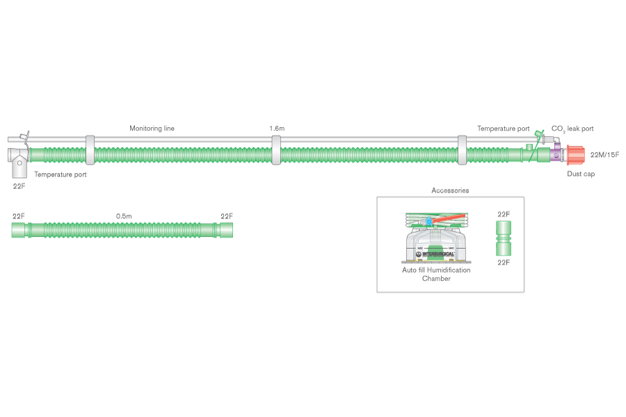 Sistema respiratório binível Flextube de 22 mm com fio aquecido, porta de fuga de CO₂ rotativa, linha de monitorização, câmara de enchimento automático e tubo articulado. ≥ 1,6 m