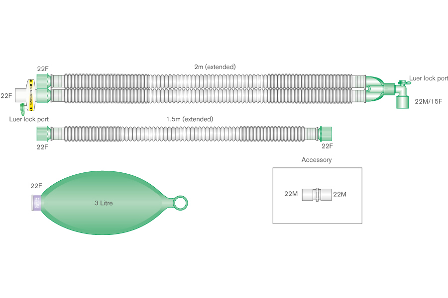 Sistema respiratório extensível Compact de 22 mm com balão de 3 L, filtro e tubo articulado de 1,5 m, 2,0 m