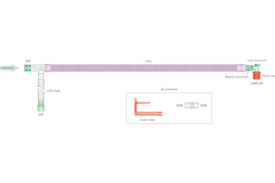 Sistema respiratório coaxial UniFlow de 30 mm com antimicrobiano Silver Knight, tubo curvo e porta luer, 1,6 m 