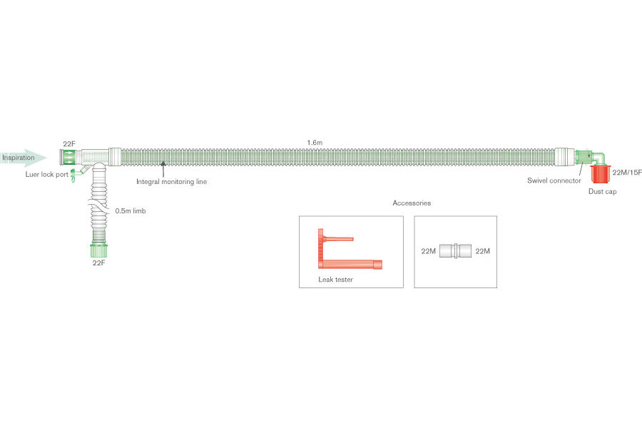 Sistema respiratório coaxial UniFlow de 30 mm com linha de monitorização integral e tubo articulado de 0,5 m, 1,6 m 