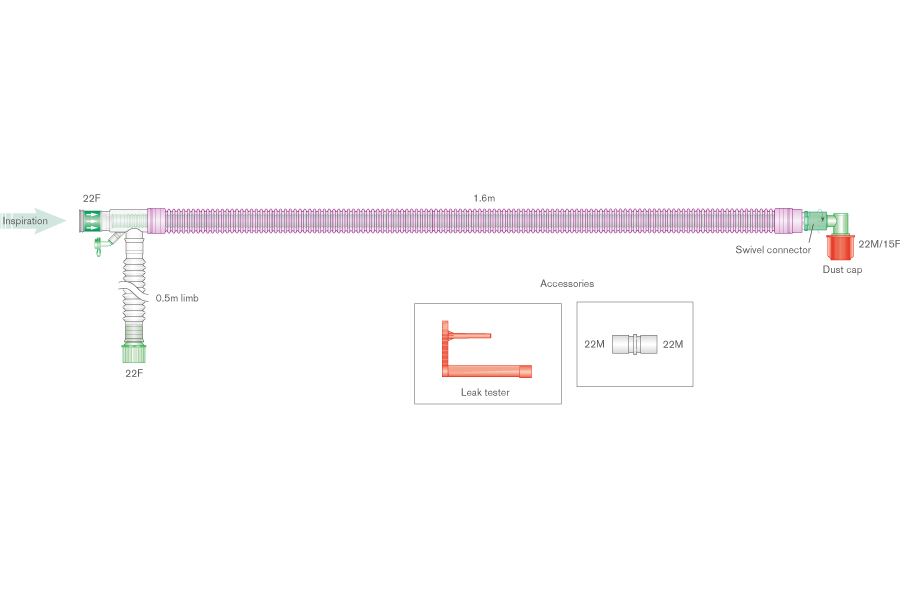Sistema respiratório coaxial UniFlow de 30 mm com antimicrobiano Silver Knight e linha de monitorização integral e tubo articulado de 0,5 m, 1,6 m 