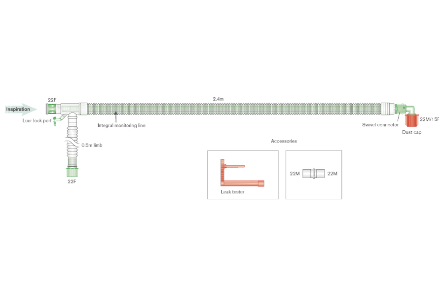 Sistema respiratório coaxial UniFlow de 30 mm com linha de monitorização integral e tubo articulado de 0,5 m, 2,4 m