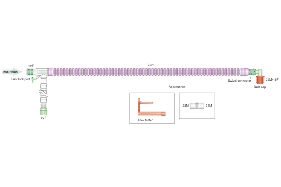 Sistema respiratório coaxial UniFlow de 30 mm com antimicrobiano Silver Knight, linha de monitorização integral e tubo articulado de 0,5 m, 2,4 m 