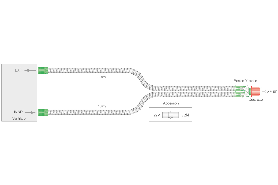 Sistema respiratório Smoothbore de 15 mm com peça em Y com porta, 1,6 m