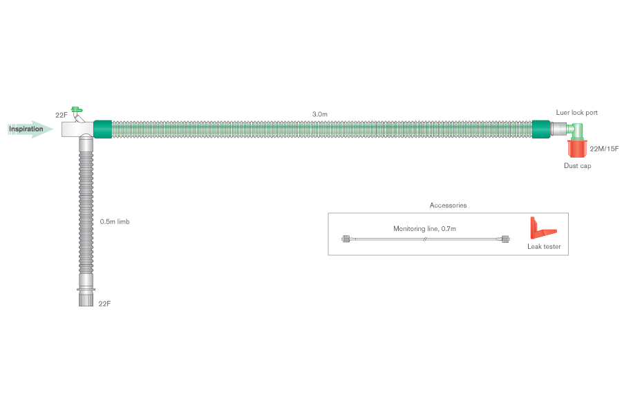 Sistema respiratório DuoFlow™ de 22 mm com conector Luer, linha de monitorização integral e cotovelo, ≥ 3,0 m