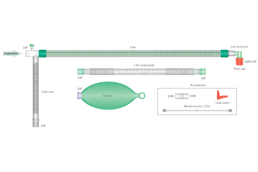 Sistema Respiratório Duo Flow com balão de 2L,  cotovelo e linha de monitorização intergral ≥ 1.8m