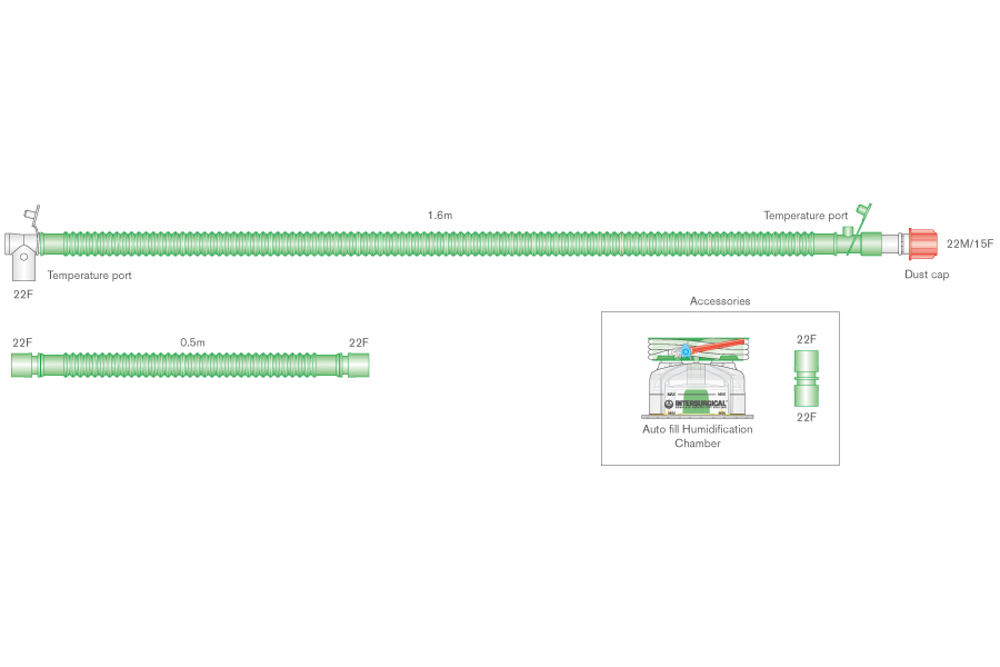 Sistema respiratório binível Flextube de 22 mm com fio aquecido pediátrico, com conetor de doente rotativo, câmara de enchimento automático e tubo articulado de 0,5 m, 1,6 m