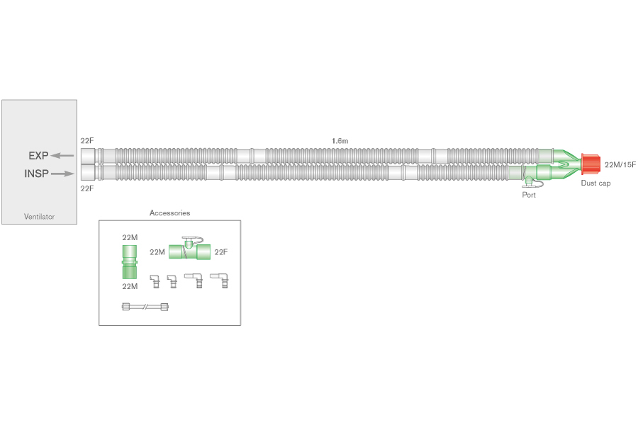 Sistema respiratório Flextube de 22 mm com adaptadores para administração de óxido nítrico, 1,6 m
