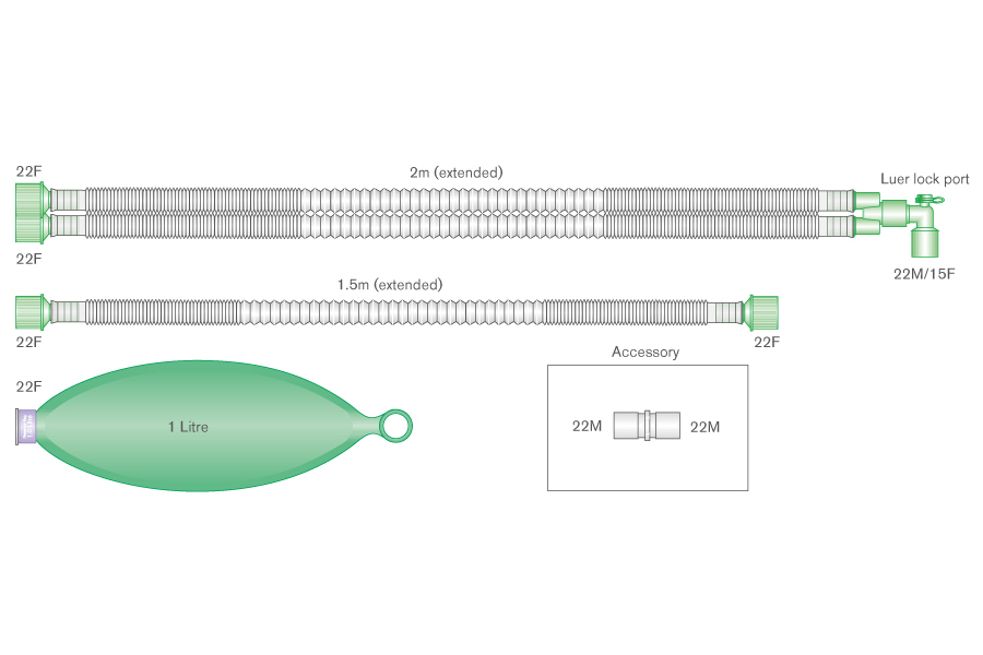 Sistema respiratório extensível Compact pediátrico de 15 mm com tubo curvo luer, balão reservatório de 1 L e tubo articulado de 1,5 m, 2 m
