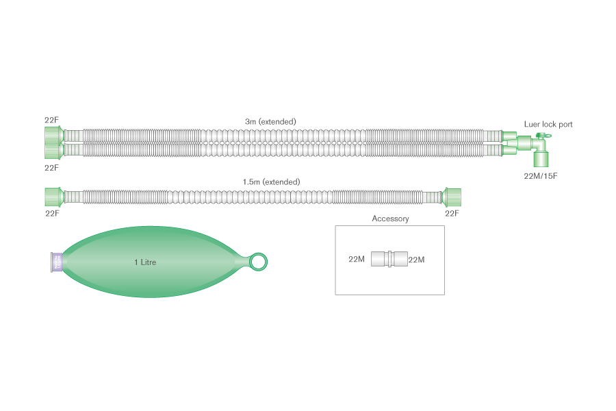 Sistema respiratório extensível Compact pediátrico de 15 mm com tubo curvo luer, balão reservatório de 1 L e tubo articulado de 1,5 m, 3 m