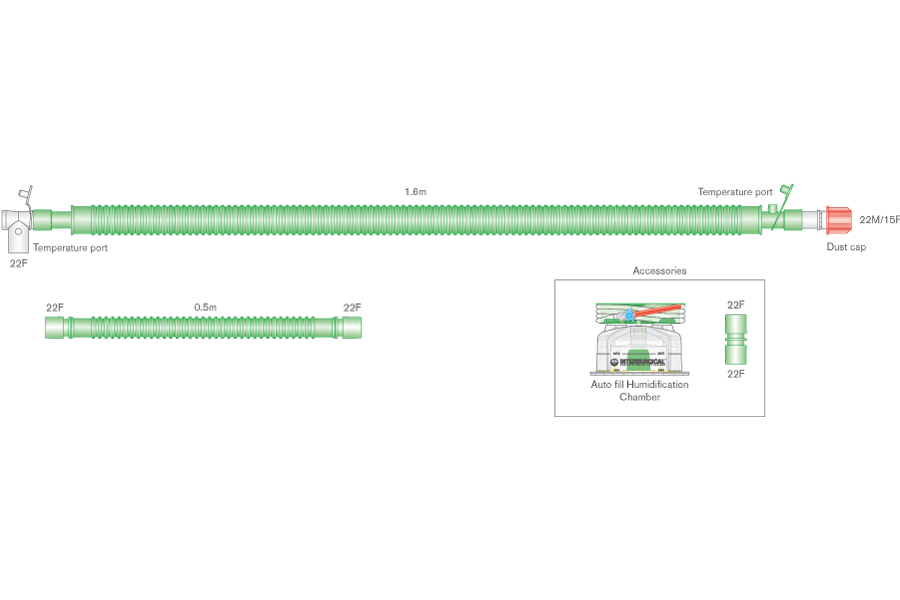 Sistema respiratório Flextube de 30 mm com fio aquecido binível para adulto, com conetor de doente rotativo, câmara de enchimento automático e tubo articulado de 0,5 m, 1,6 m