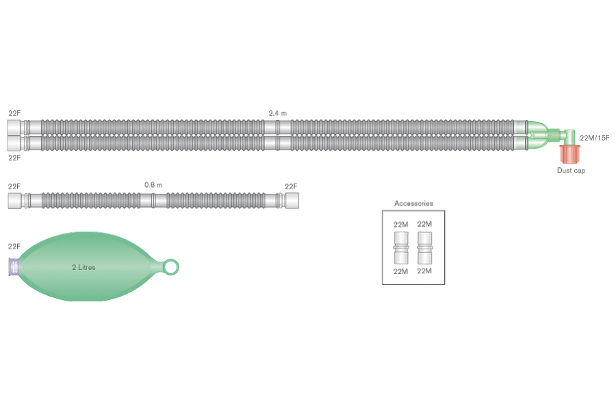Sistema respiratório Flextube de 22 mm com balão de 2 L e tubo articulado de 0,8 m, 2,4 m