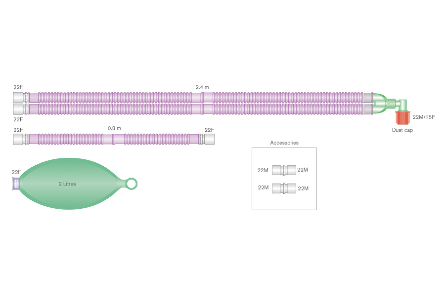 Sistema respiratório Flextube com antimicrobiano Silver Knight™ de 22 mm com balão de 2 L e tubo articulado de 0,8 m, 2,4 m 