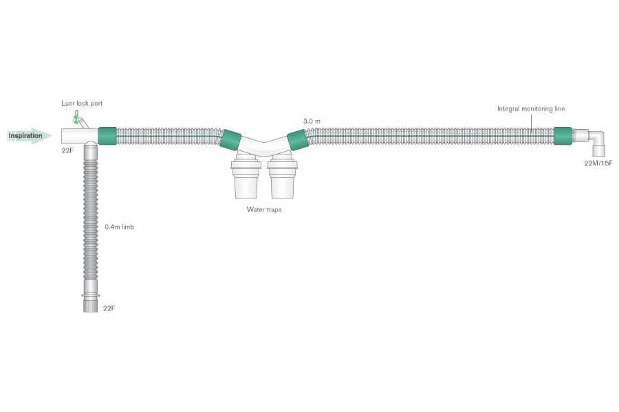 Sistema de respiração DuoFlow de 22 mm com cotovelo, linha de monitorização integrada e coletores de água, ≥ 3,0 m