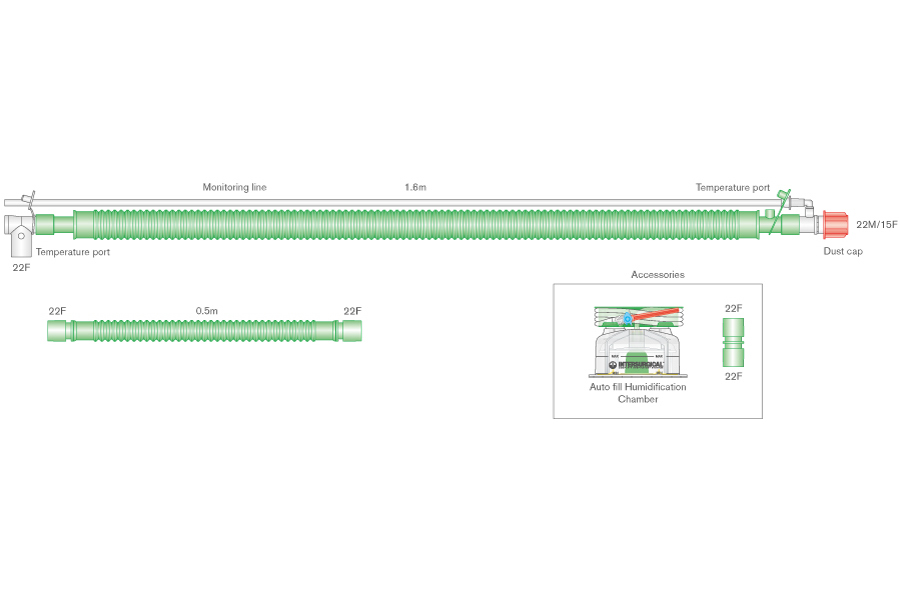 Sistema respiratório binível Flextube de 30 mm com fio aquecido para adulto, com conetor de doente rotativo, câmara de enchimento automático, linha de monitorização e tubo articulado de 0,5 m, 1,6 m