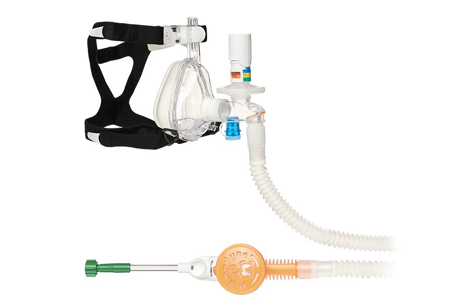 O2-MAX™ Trio System com tubo extensível, válvula PEEP ajustável 3-SET™, nebulizador e máscara BiTrac ED, adulto médio