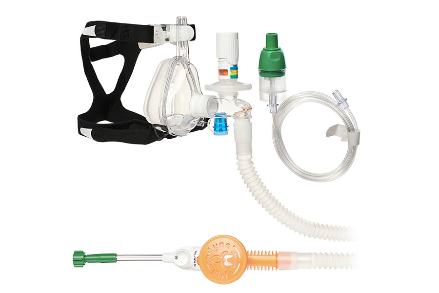 O2-MAX™ Trio System com tubo extensível, válvula PEEP ajustável 3-SET™, nebulizador e máscara BiTrac ED, adulto grande