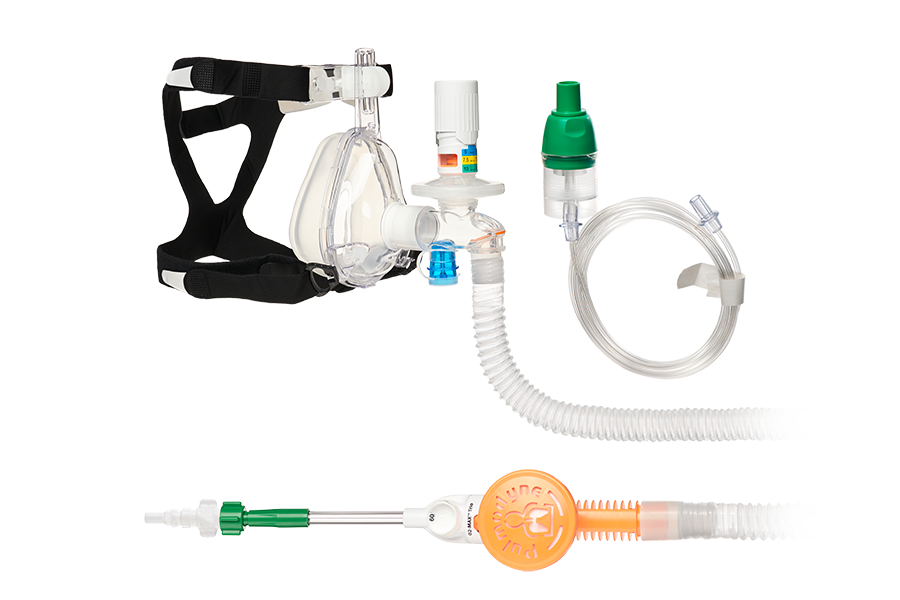 O2-MAX™ Trio System com AGA Quik-Connect™, com tubo smoothbore , válvula PEEP ajustável 3-SET™, nebulizador e máscara BiTrac ED, adulto grande