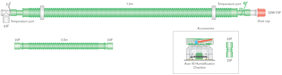 Sistema respiratório Flextube de 30 mm com fio aquecido binível para adulto, com conetor de doente rotativo, câmara de enchimento automático e tubo articulado de 0,5 m, 1,6 m