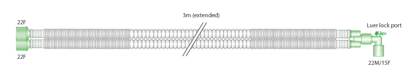 Sistema respiratório extensível Compact pediátrico de 15 mm com tubo curvo luer, 3 m
