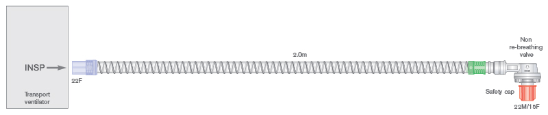 Sistema respiratório de transporte básico Smoothbore de 22 mm com válvula sem reinalação, para uso com Oxylog® 1000, Pneupac® paraPAC®, ventiPAC® e transPAC™, 2 m 