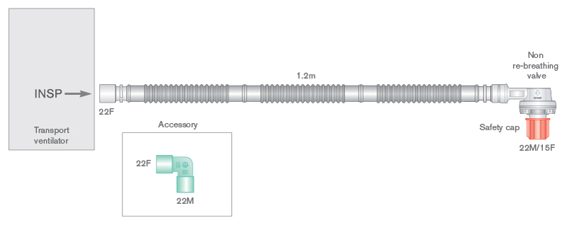 Sistema respiratório de transporte Flextube de 22 mm com válvula sem reinalação, para uso com Oxylog® 1000, Pneupac® paraPAC®, ventiPAC® e transPAC™, 1,2 m