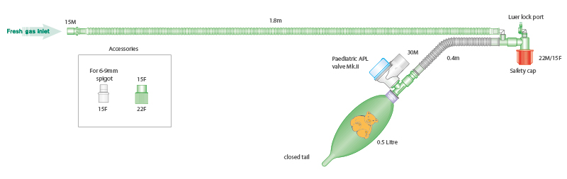 Sistema respiratório para bebé com peça em T e balão de ponta fechada de 0,5 L, 1,8 m