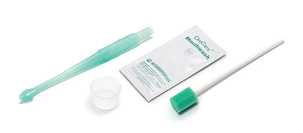Escova de dentes com aspiração OroCare™ Aspire com colutório de cloro-hexidina, copo dispensador, esponja para lábios